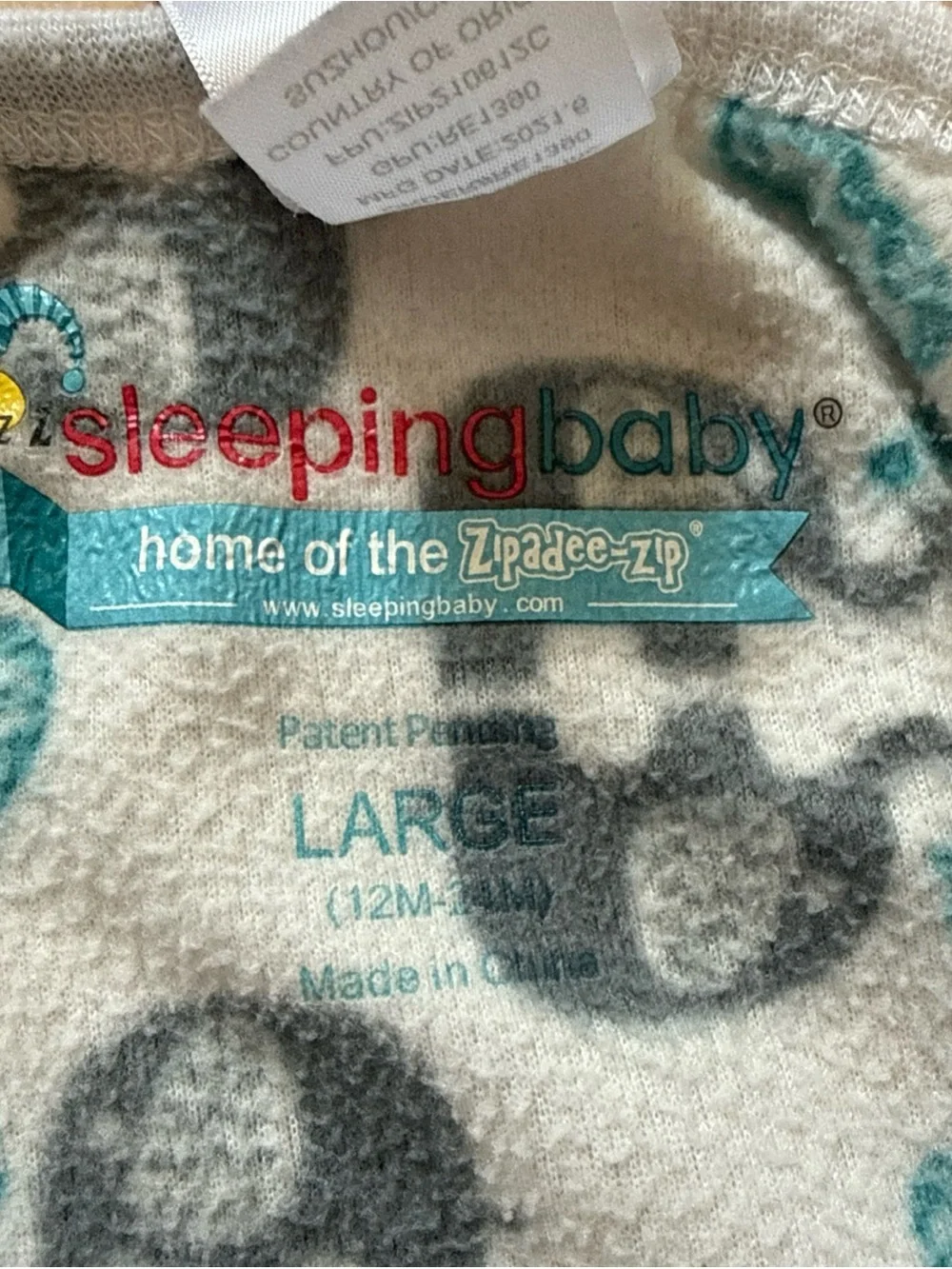 Sleeping Baby Zipadee-Zip Fleece Sleep Sack Large 12M-24M Elephant Print